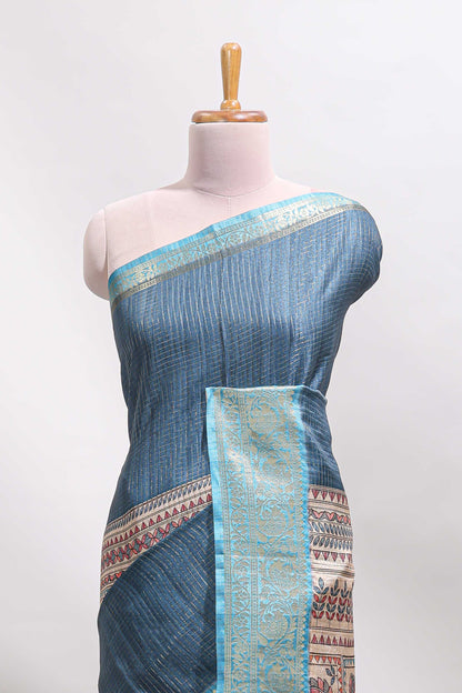 Blue checked madhubani style tussar saree with contrast zari border and matching blouse
