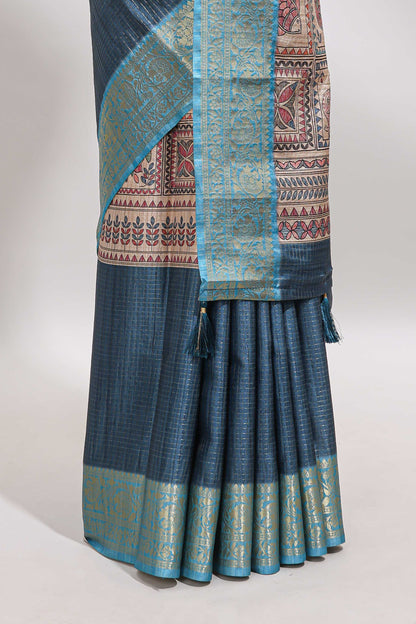 Blue checked madhubani style tussar saree with contrast zari border and matching blouse