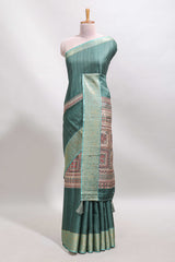 Green checked madhubani style tussar saree with contrast zari border and matching blouse