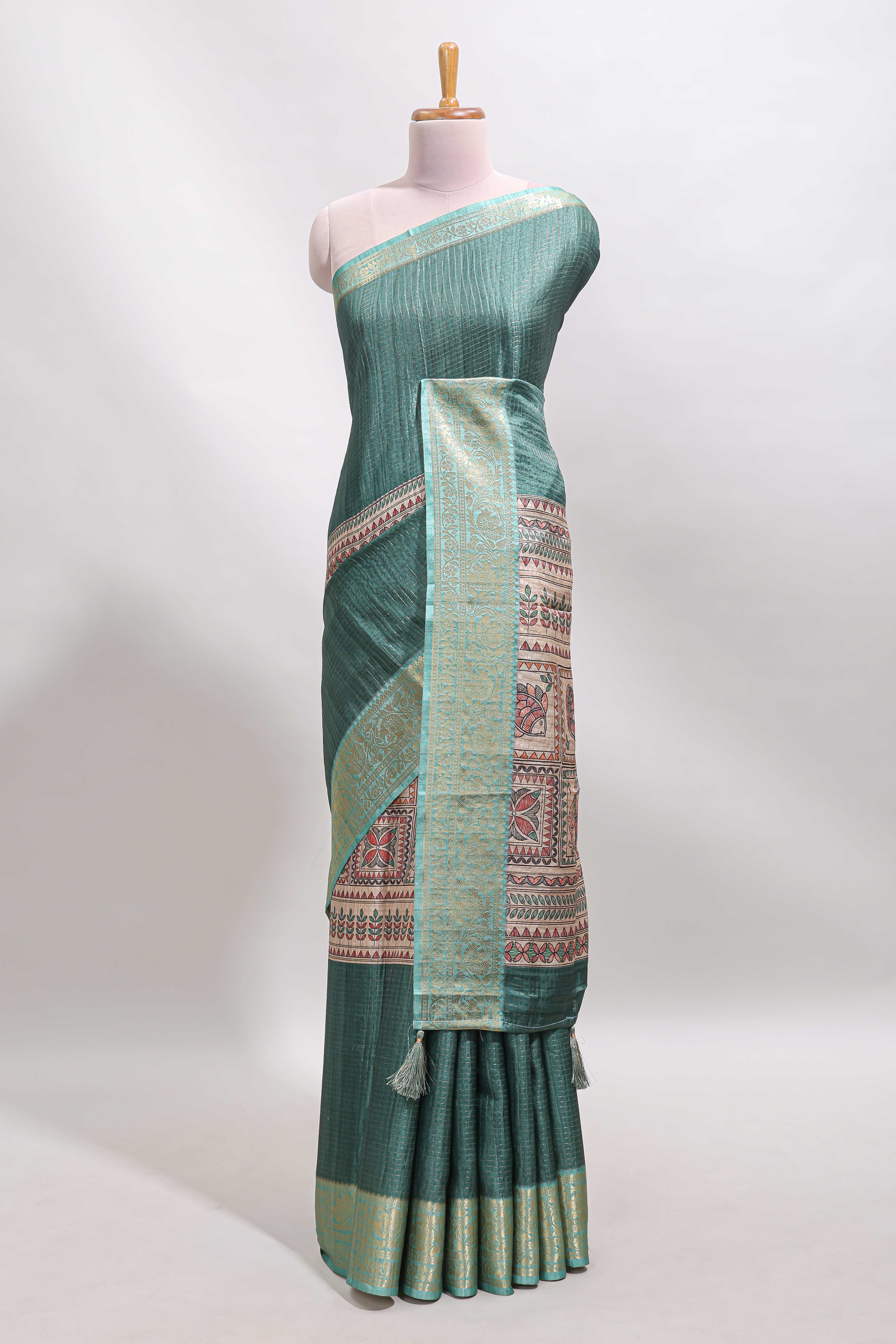 Green checked madhubani style tussar saree with contrast zari border and matching blouse