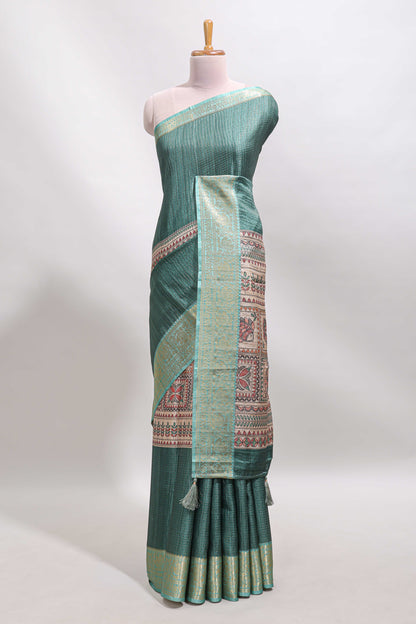 Green checked madhubani style tussar saree with contrast zari border and matching blouse