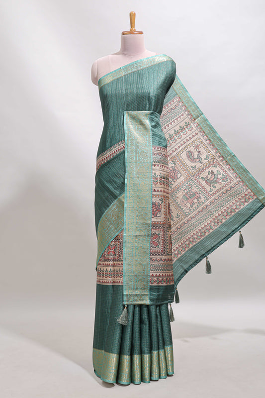 Green checked madhubani style tussar saree with contrast zari border and matching blouse