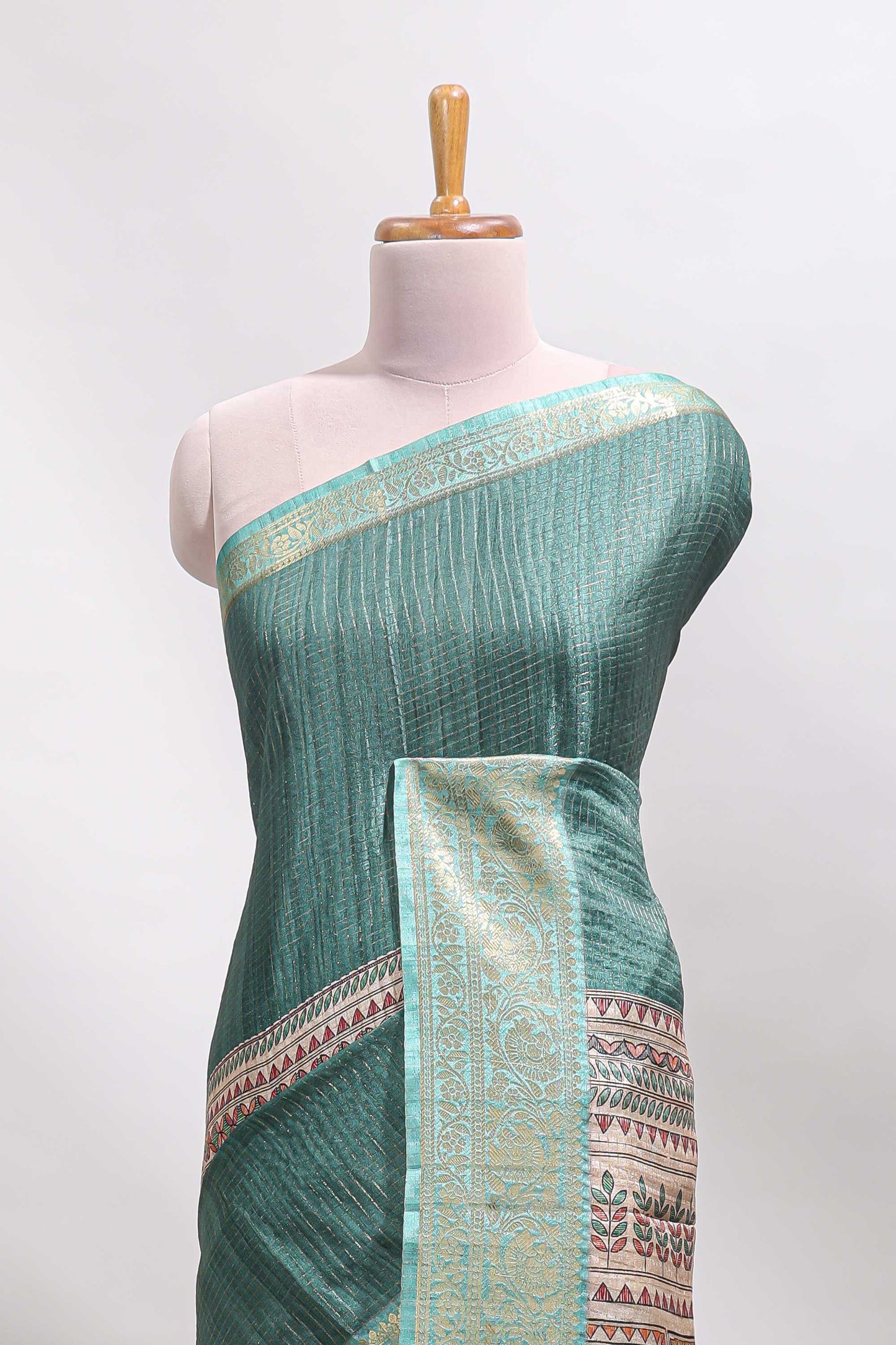 Green checked madhubani style tussar saree with contrast zari border and matching blouse