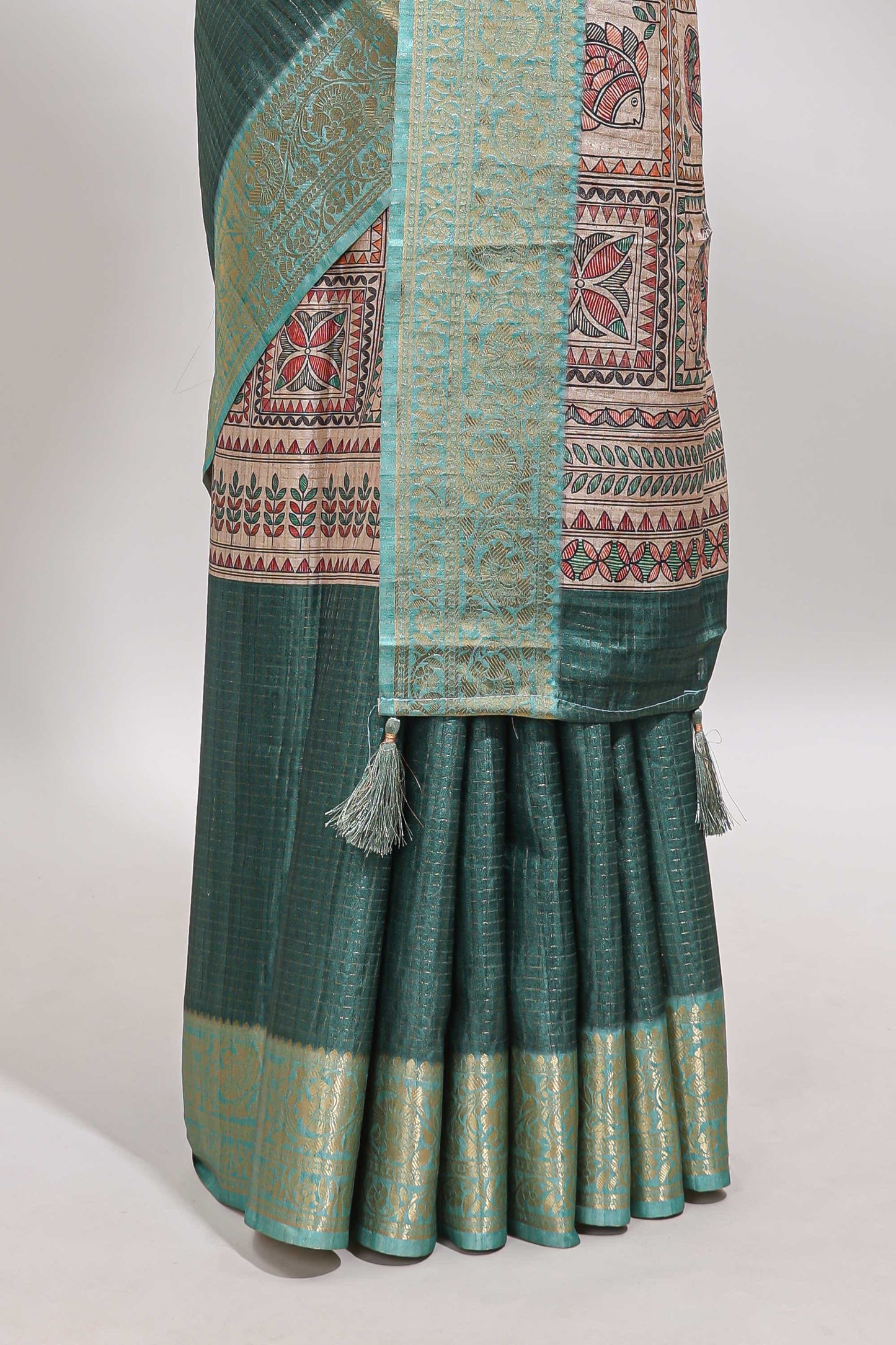 Green checked madhubani style tussar saree with contrast zari border and matching blouse