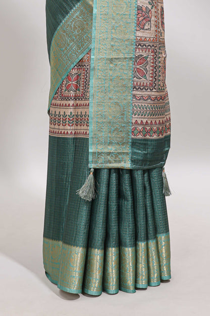 Green checked madhubani style tussar saree with contrast zari border and matching blouse