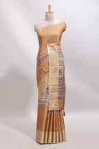 Sandal checked madhubani style tussar saree with contrast zari border and matching blouse
