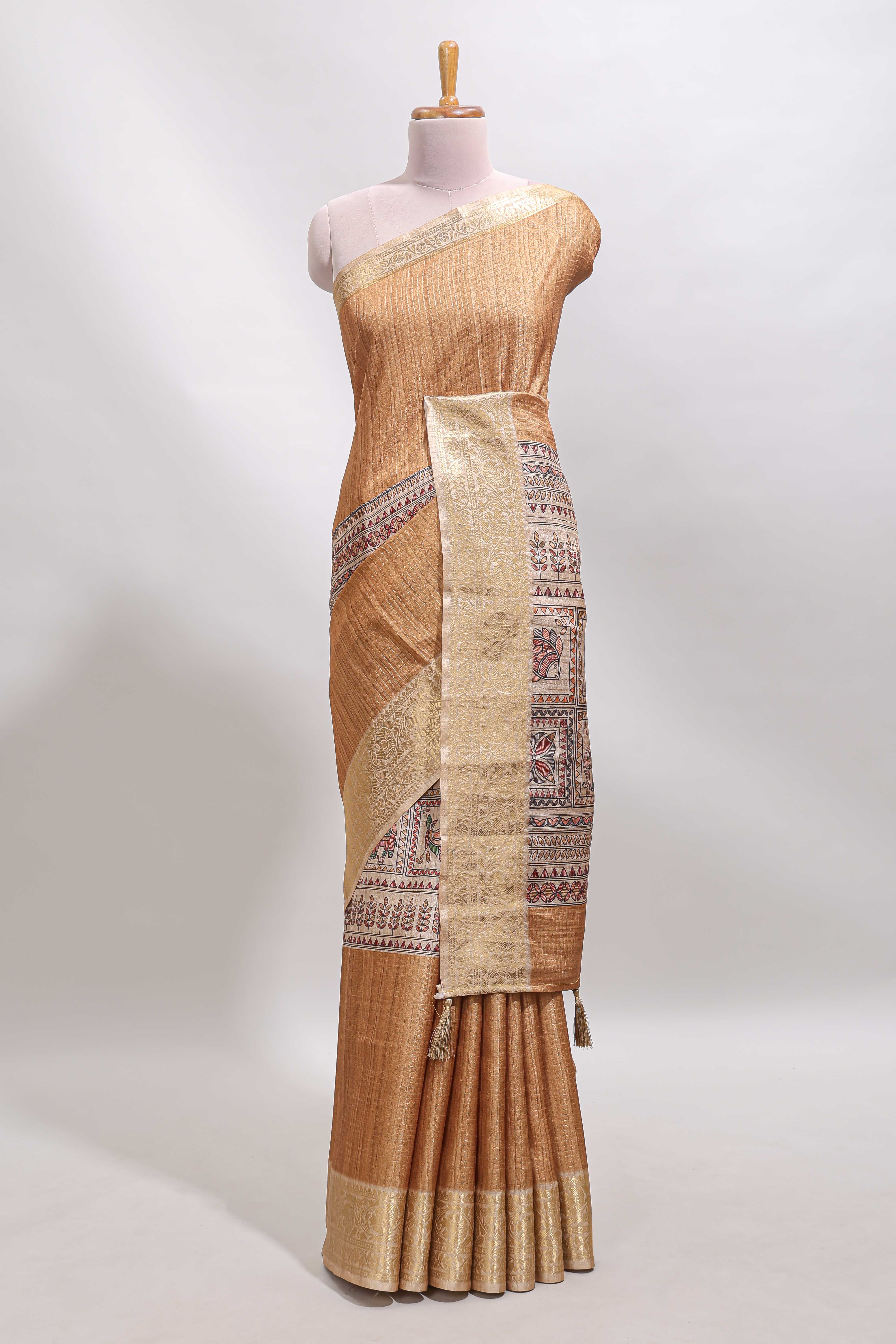 Sandal checked madhubani style tussar saree with contrast zari border and matching blouse