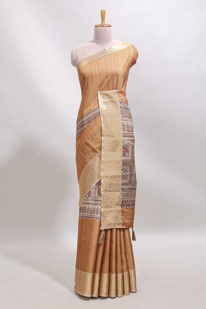 Sandal checked madhubani style tussar saree with contrast zari border and matching blouse