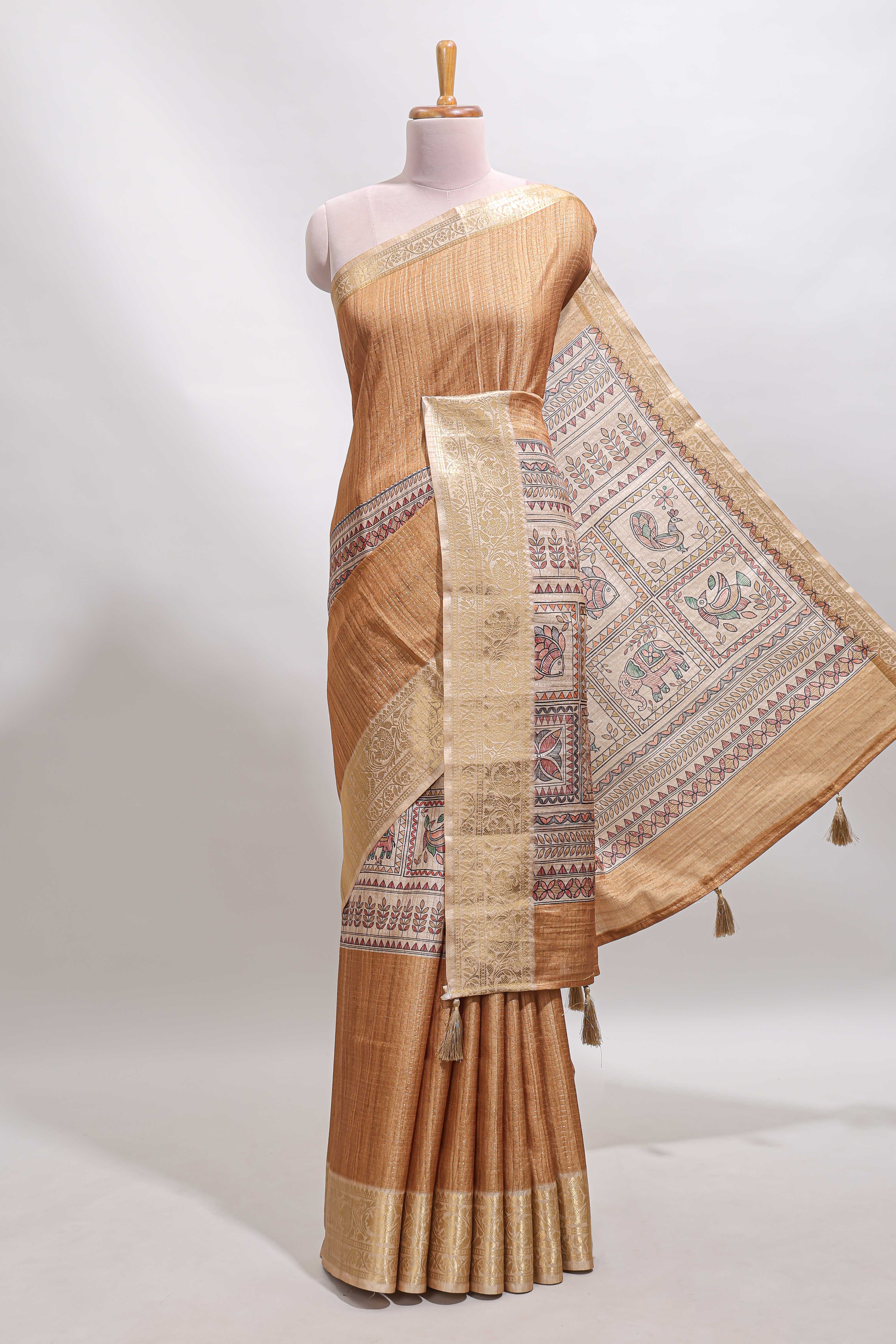 Sandal checked madhubani style tussar saree with contrast zari border and matching blouse