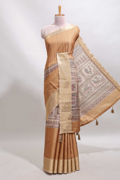 Sandal checked madhubani style tussar saree with contrast zari border and matching blouse
