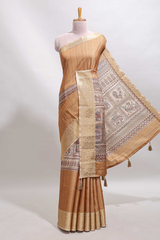 Sandal checked madhubani style tussar saree with contrast zari border and matching blouse