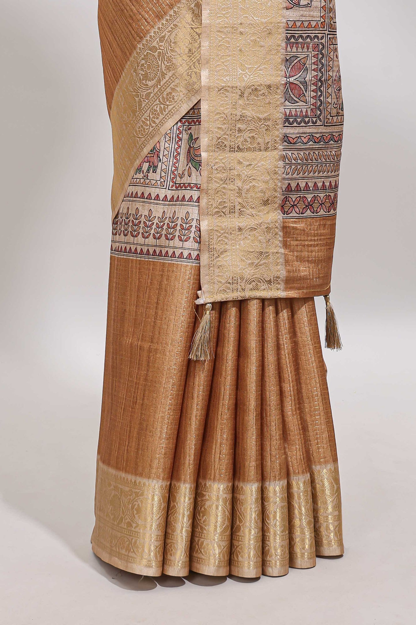 Sandal checked madhubani style tussar saree with contrast zari border and matching blouse