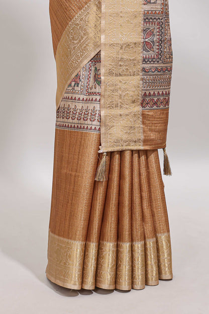 Sandal checked madhubani style tussar saree with contrast zari border and matching blouse