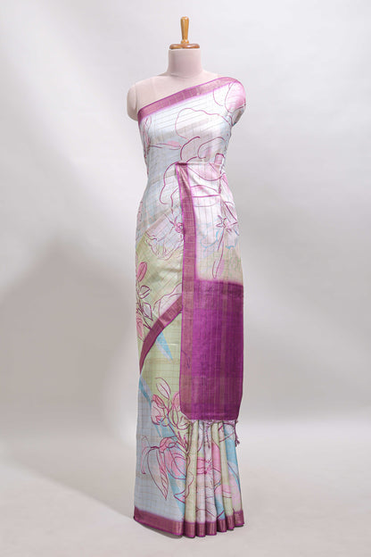 Multi color checked floral design tussar saree with contrast border and zari striped blouse
