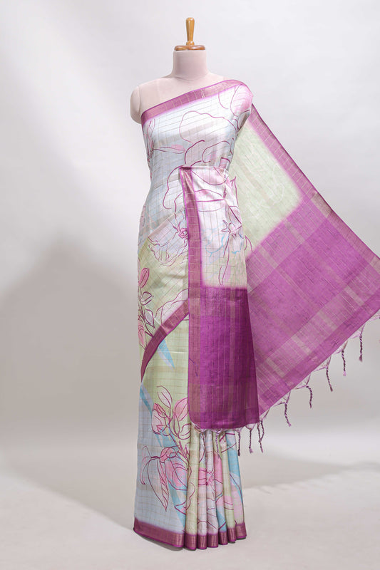 Multi color checked floral design tussar saree with contrast border and zari striped blouse