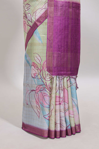 Multi color checked floral design tussar saree with contrast border and zari striped blouse