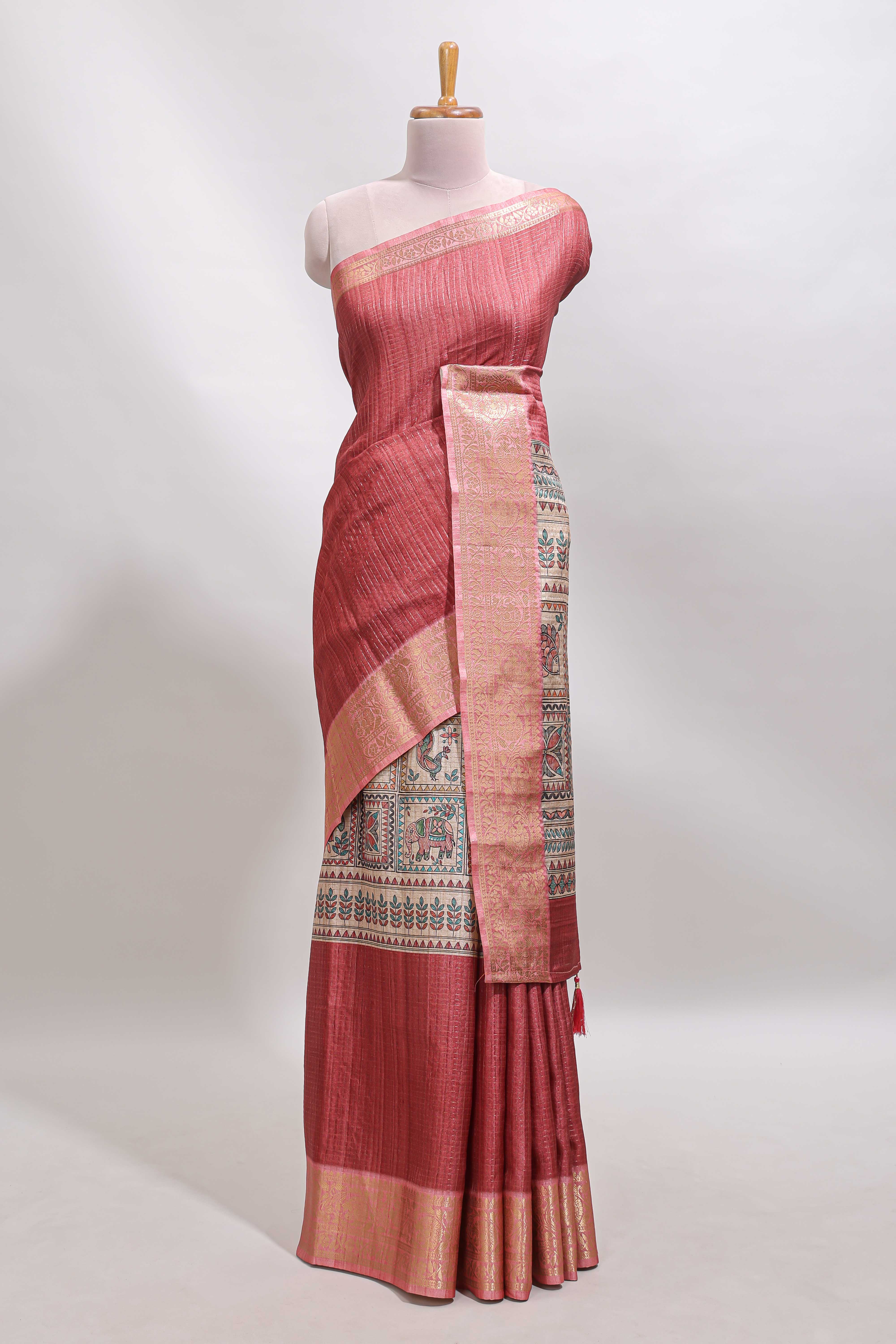 Maroon checked madhubani style tussar saree with contrast zari border and matching blouse