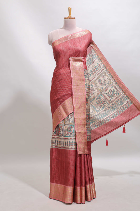 Maroon checked madhubani style tussar saree with contrast zari border and matching blouse