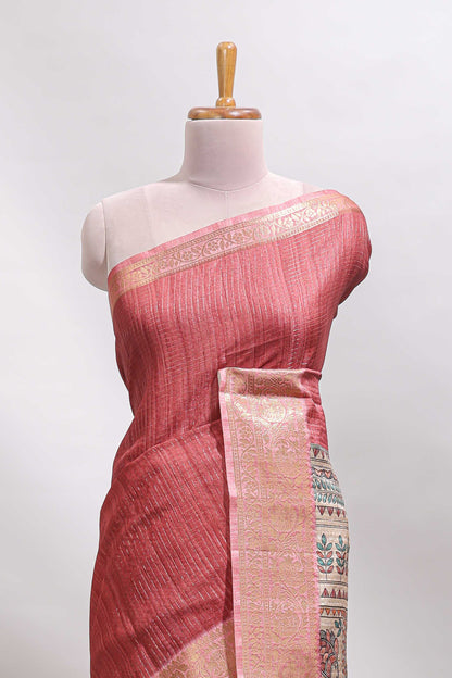 Maroon checked madhubani style tussar saree with contrast zari border and matching blouse