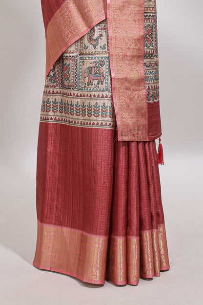Maroon checked madhubani style tussar saree with contrast zari border and matching blouse