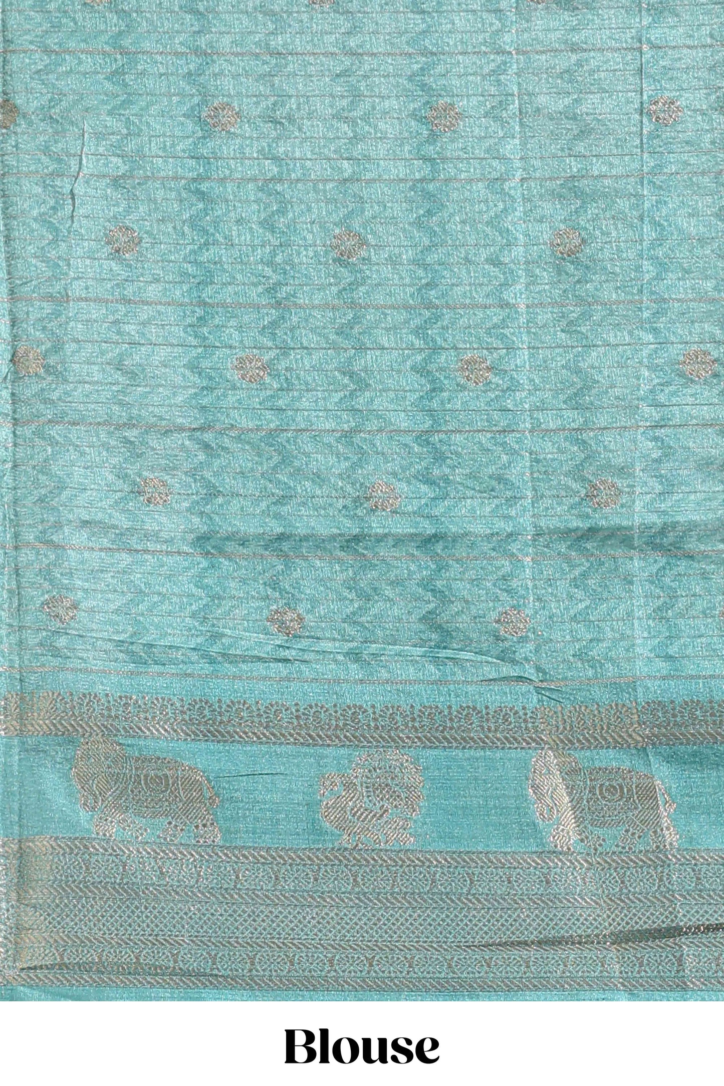 Turquoise green pichwai print tussar saree with contrast zari border and matching blouse