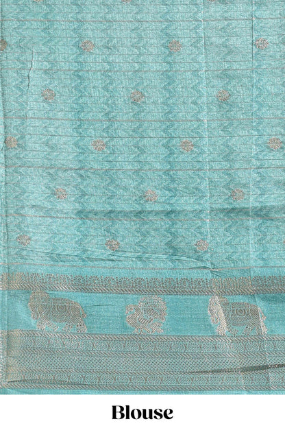 Turquoise green pichwai print tussar saree with contrast zari border and matching blouse