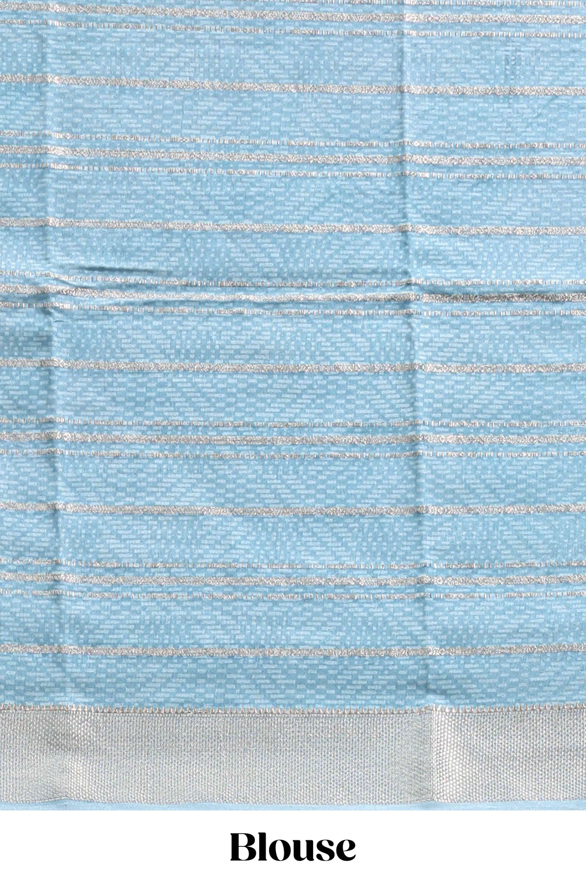 Baby pink geometric design tussar saree with contrast zari border and striped blouse