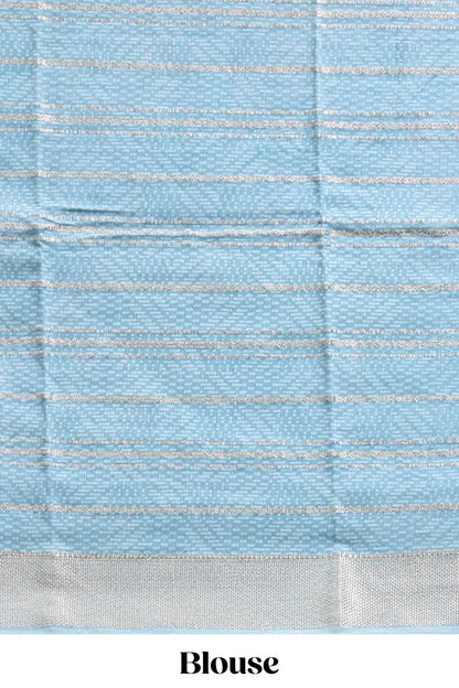 Baby pink geometric design tussar saree with contrast zari border and striped blouse