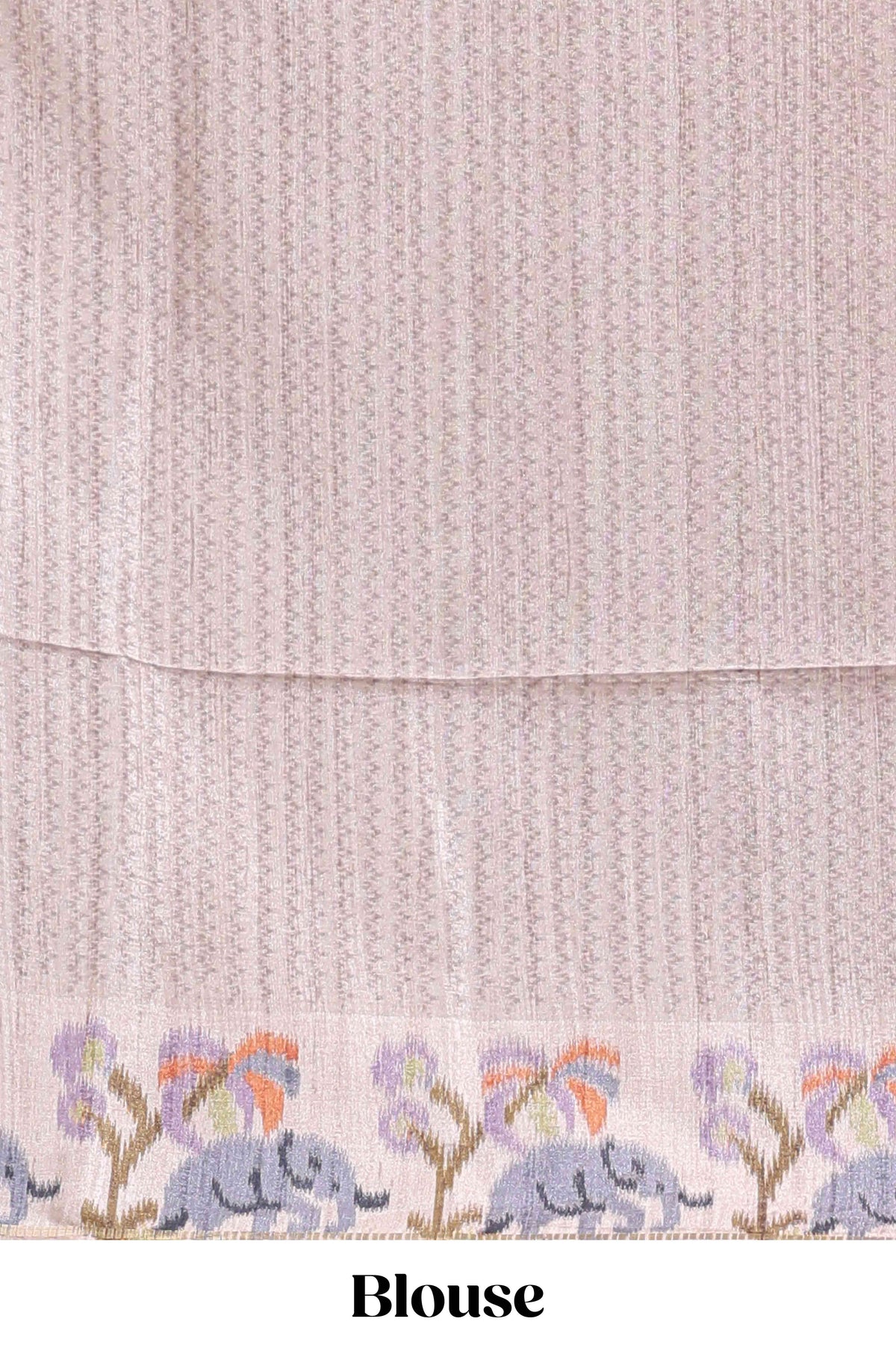 Grey checked tussar saree with contrast ikkat style elephant and floral print border and printed pallu