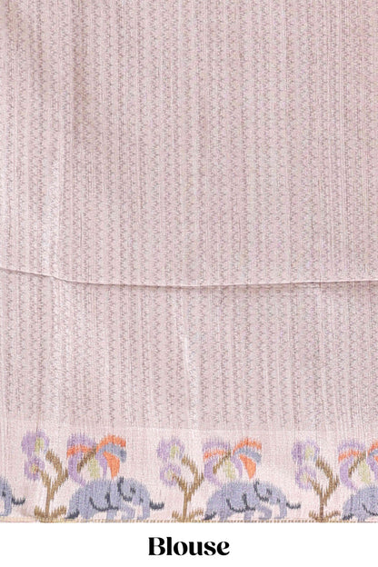 Grey checked tussar saree with contrast ikkat style elephant and floral print border and printed pallu