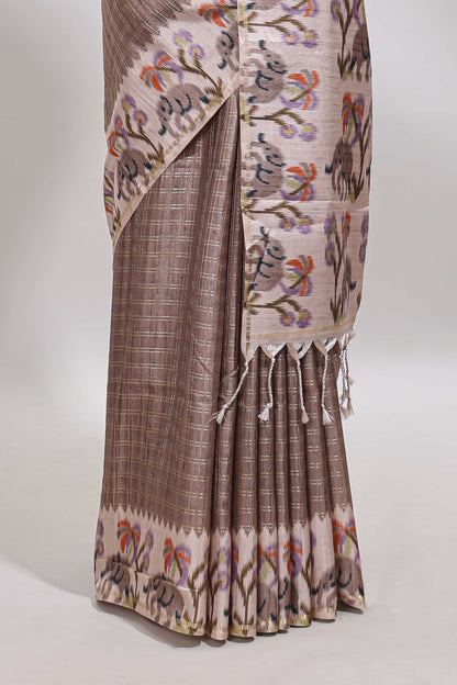 Beaver brown checked tussar saree with contrast ikkat style elephant and floral print border and printed pallu