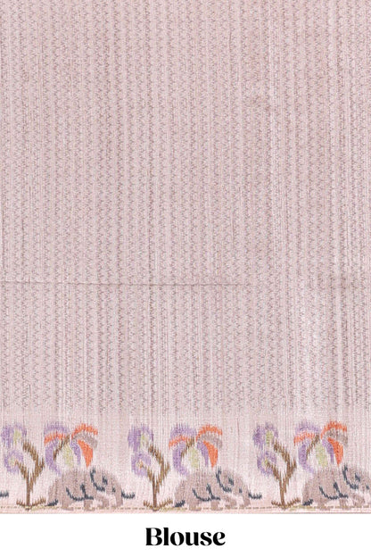 Beaver brown checked tussar saree with contrast ikkat style elephant and floral print border and printed pallu