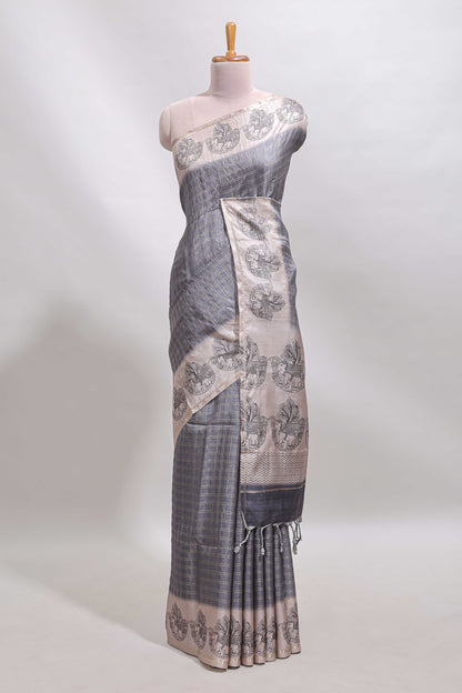 Grey checked tussar saree with contrast traditional elephant border and matching blouse