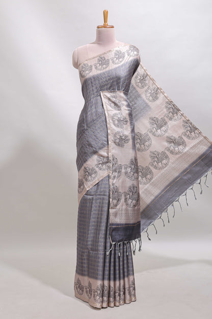 Grey checked tussar saree with contrast traditional elephant border and matching blouse
