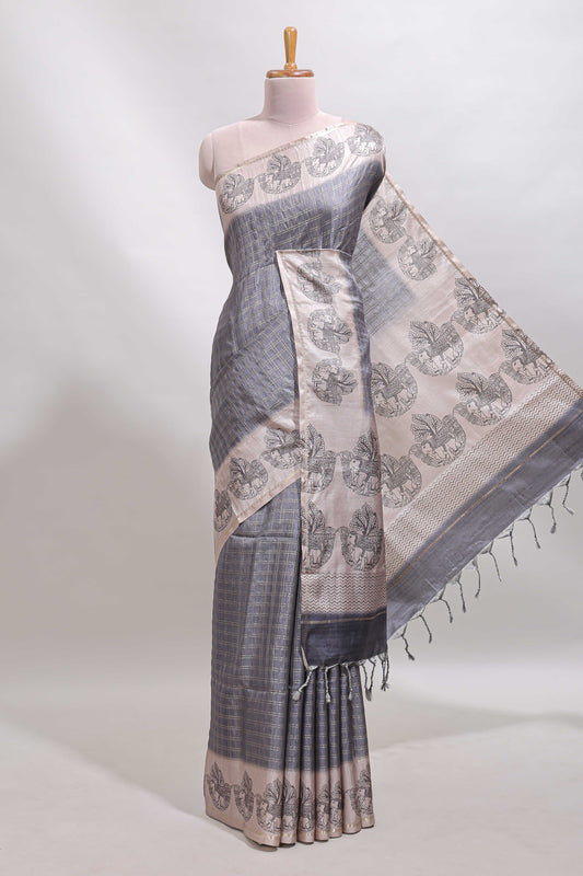 Grey checked tussar saree with contrast traditional elephant border and matching blouse