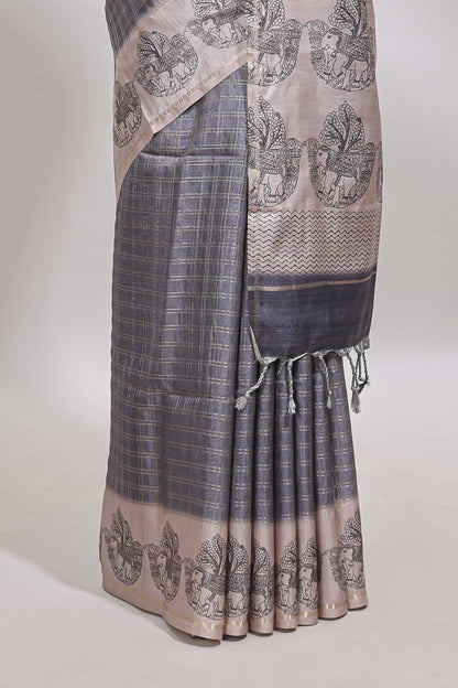Grey checked tussar saree with contrast traditional elephant border and matching blouse