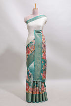 Cream & green dual shade checked peacock & floral design tussar saree with self zari border and matching blouse