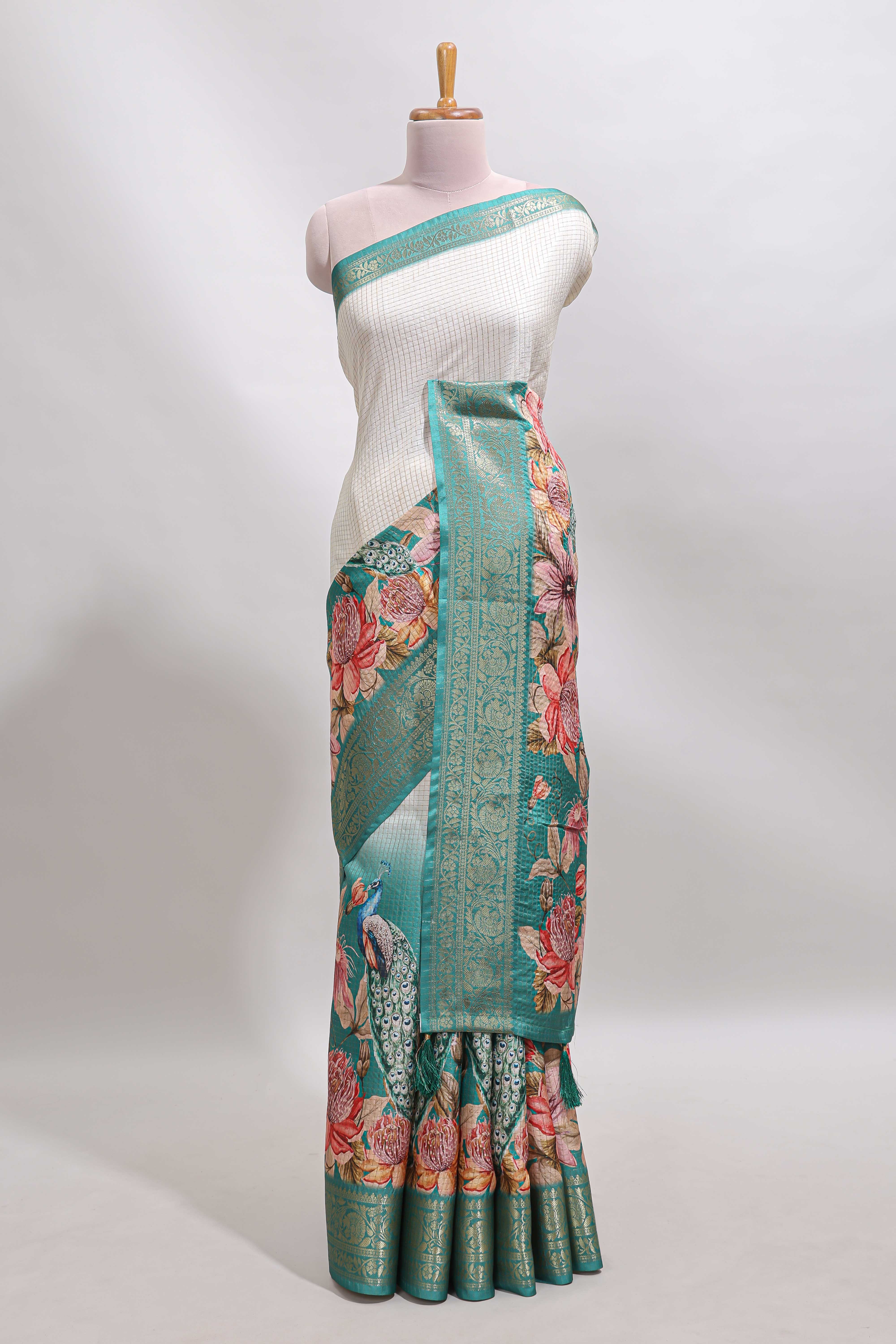Cream & green dual shade checked peacock & floral design tussar saree with self zari border and matching blouse