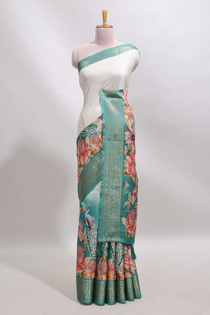 Cream & green dual shade checked peacock & floral design tussar saree with self zari border and matching blouse