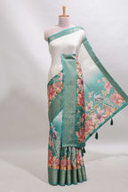 Cream & green dual shade checked peacock & floral design tussar saree with self zari border and matching blouse