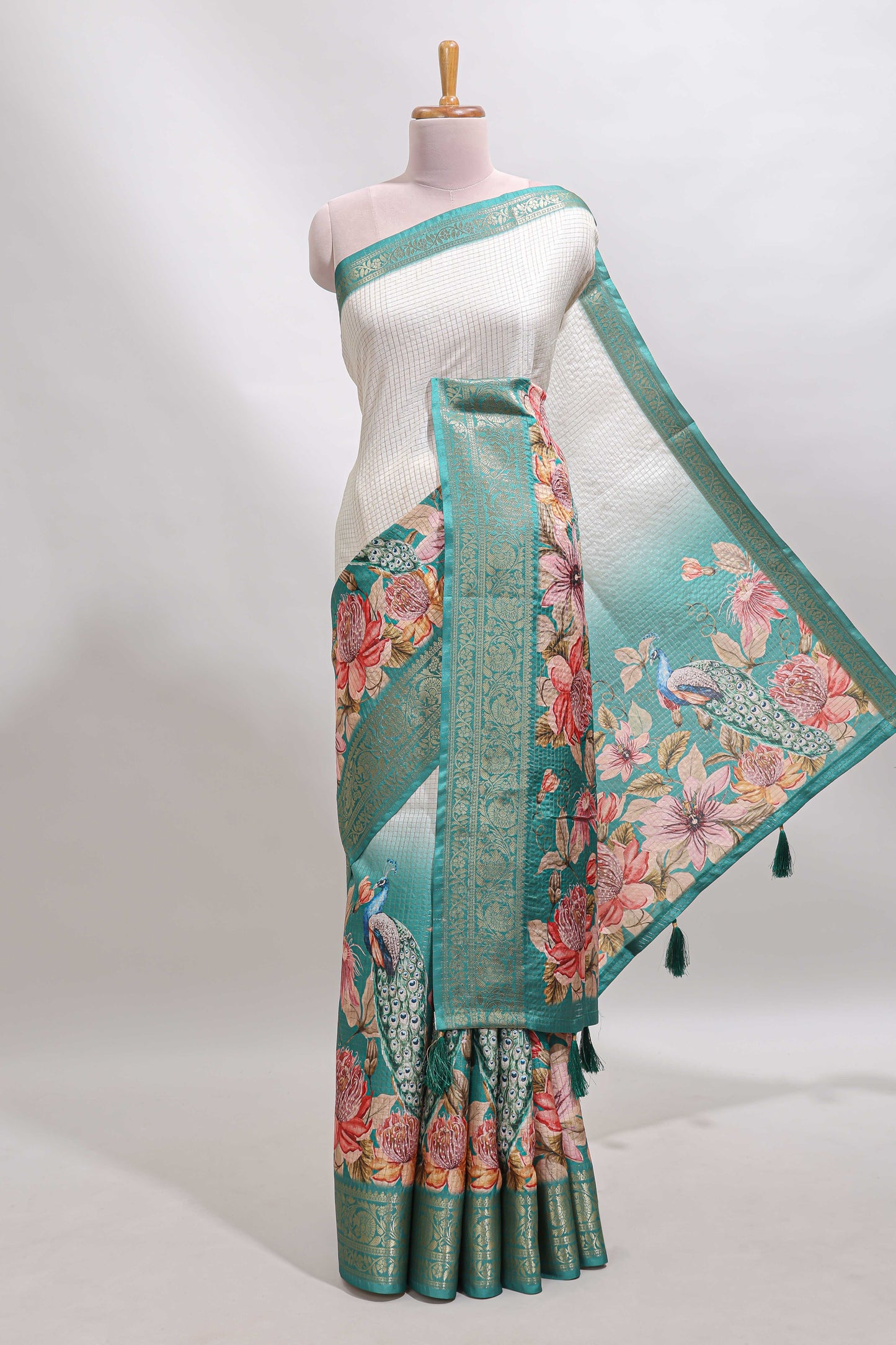 Cream & green dual shade checked peacock & floral design tussar saree with self zari border and matching blouse