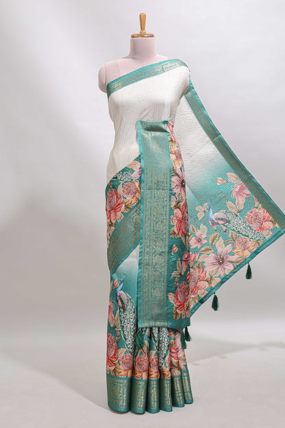 Cream & green dual shade checked peacock & floral design tussar saree with self zari border and matching blouse