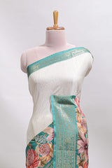 Cream & green dual shade checked peacock & floral design tussar saree with self zari border and matching blouse