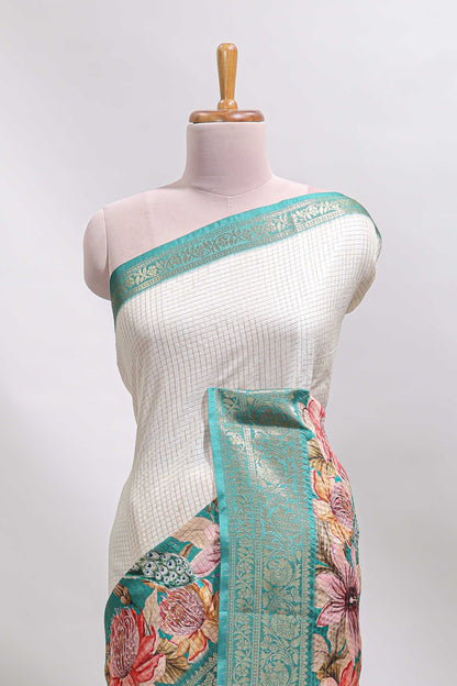 Cream & green dual shade checked peacock & floral design tussar saree with self zari border and matching blouse