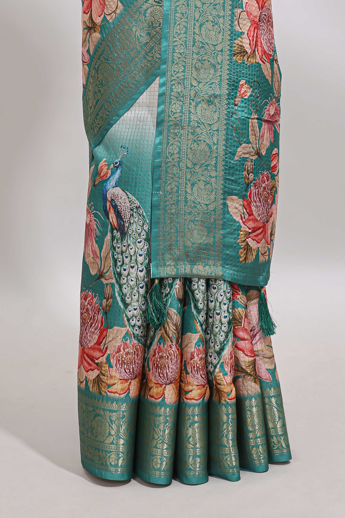 Cream & green dual shade checked peacock & floral design tussar saree with self zari border and matching blouse