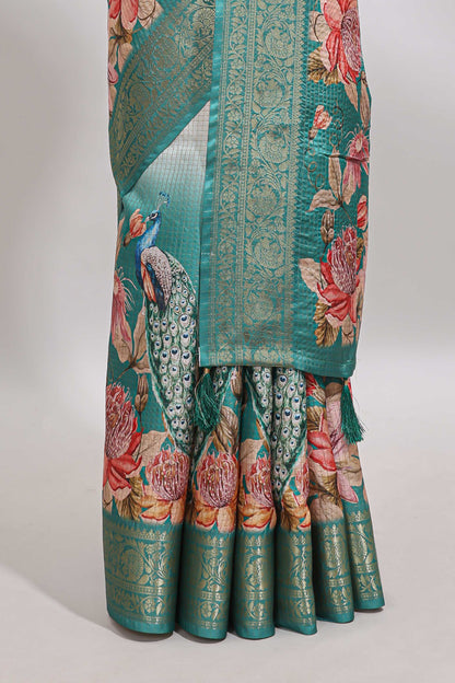 Cream & green dual shade checked peacock & floral design tussar saree with self zari border and matching blouse