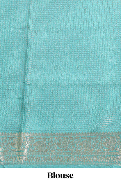 Cream & green dual shade checked peacock & floral design tussar saree with self zari border and matching blouse
