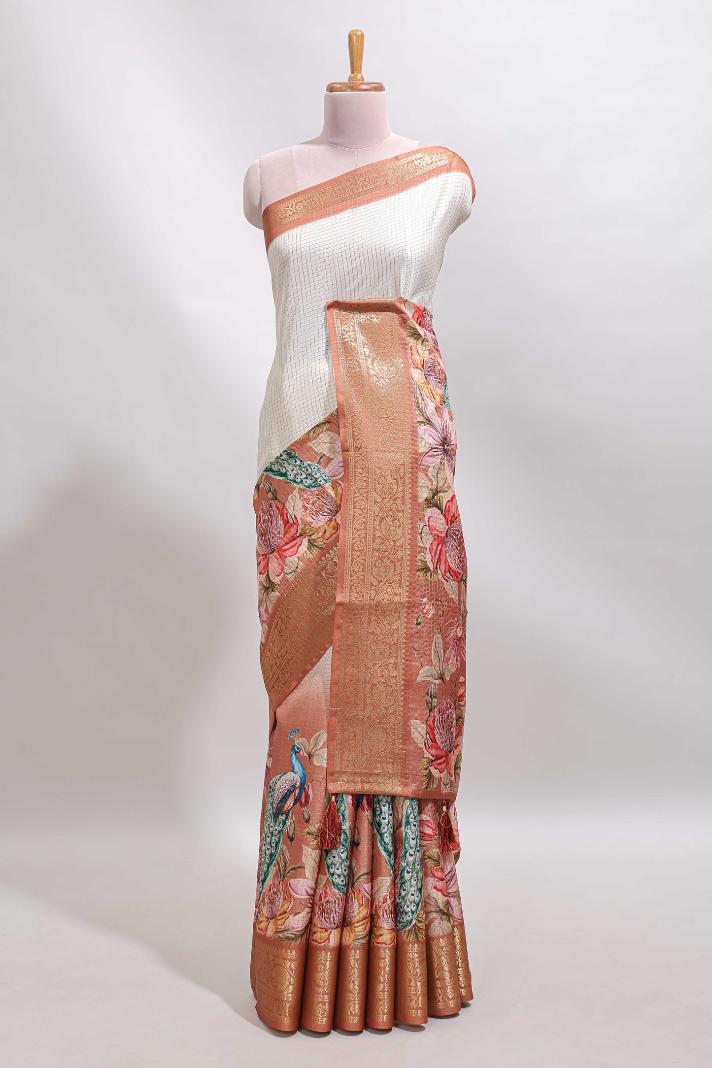 Cream & brown dual shade checked peacock & floral design tussar saree with self zari border and matching blouse