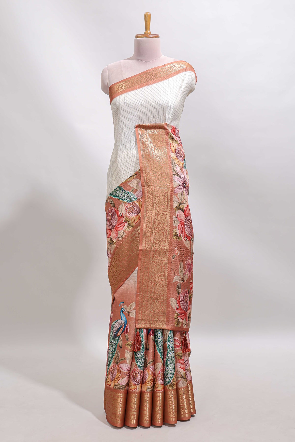 Cream & brown dual shade checked peacock & floral design tussar saree with self zari border and matching blouse
