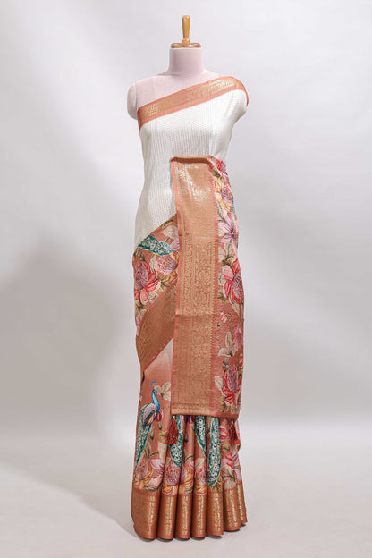 Cream & brown dual shade checked peacock & floral design tussar saree with self zari border and matching blouse